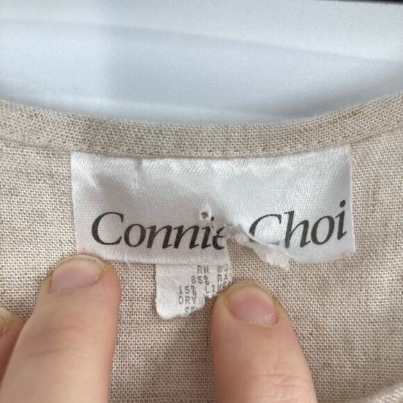 Vintage Connie Choi Beige Black Linen Maxi Dress Dolphin Boat Print Coastal SM - Picture 6 of 8